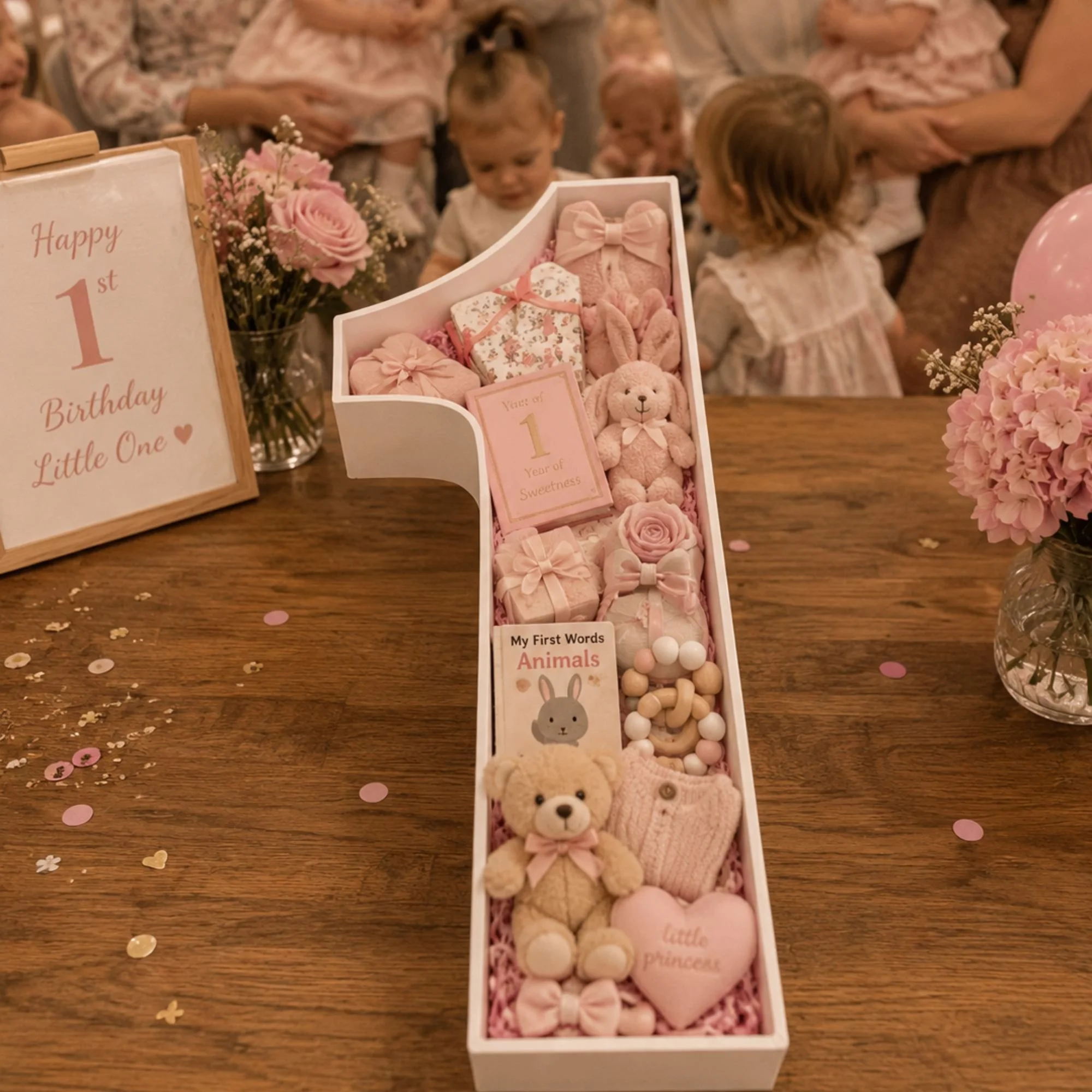 Number 1 filled with a small teddy and pink presents.jpg