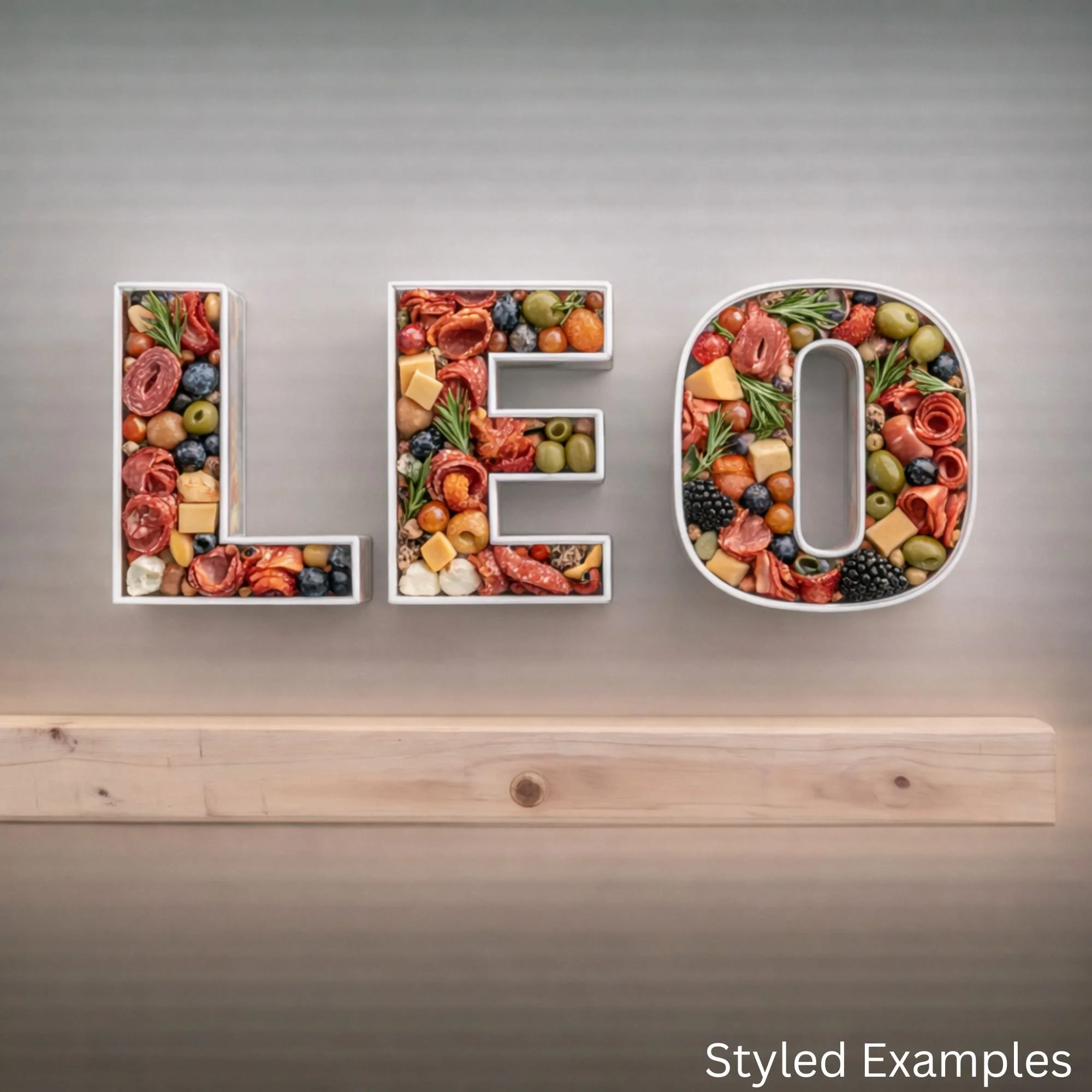 fillable letter trays spelling Leo filled with charcuterie grazing food