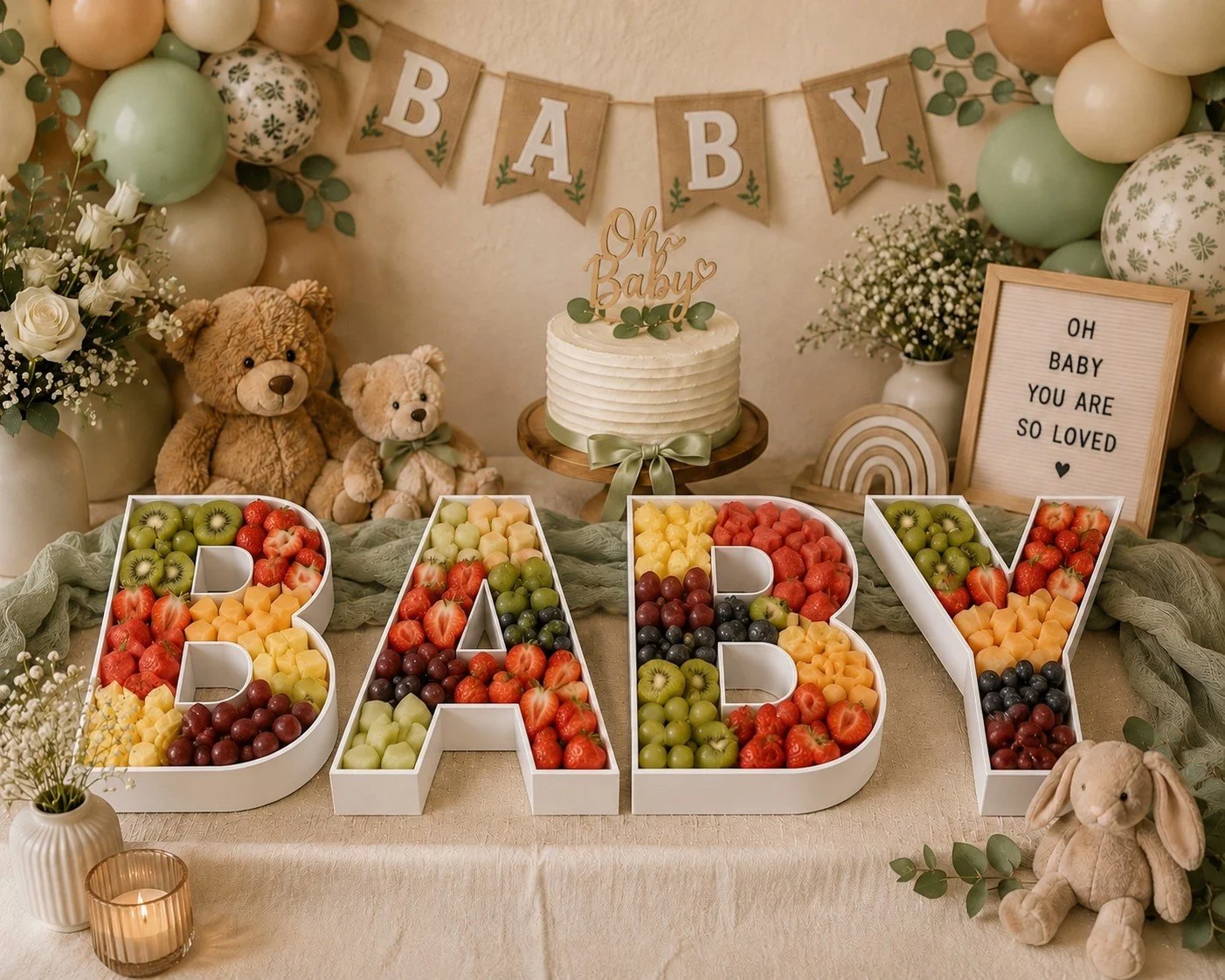 Decorative baby shower table with a white cake, large letter balloons filled with fruits spelling 'BABY', teddy bears, flowers, balloons in pastel colors, and framed sign that says 'Oh Baby You Are So Loved'.}