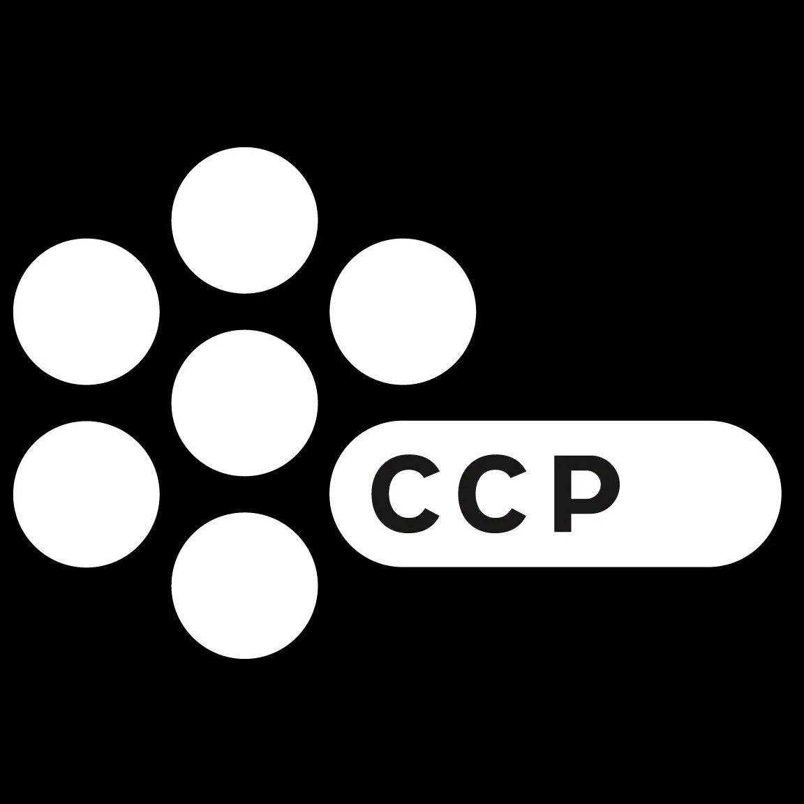 Graphic with six white circles connected by lines on the left, and the letters 'CCP' in bold black uppercase font inside a white rounded rectangle on the right, all on a black background.
