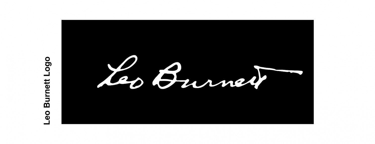 Black rectangular logo with white cursive text reading 'Leo Burnett' in the center and black text on the left side reading 'Leo Burnett Logo'.