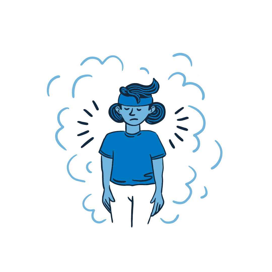 A man with a sweat band around his head, looking sad. Around him is  a cloud.