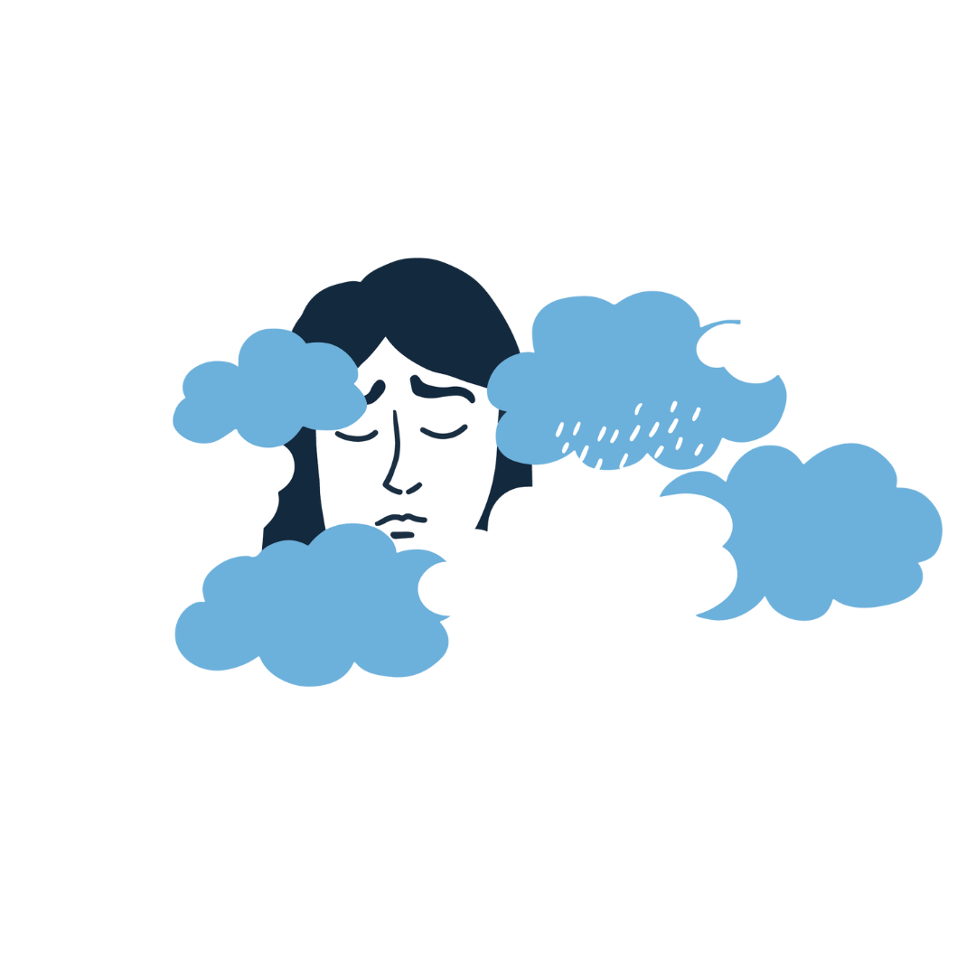 A woman looking sad, surrounded by clouds and rain.