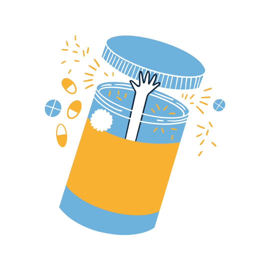 A pill bottle that's pushed open, with pills spilling out.