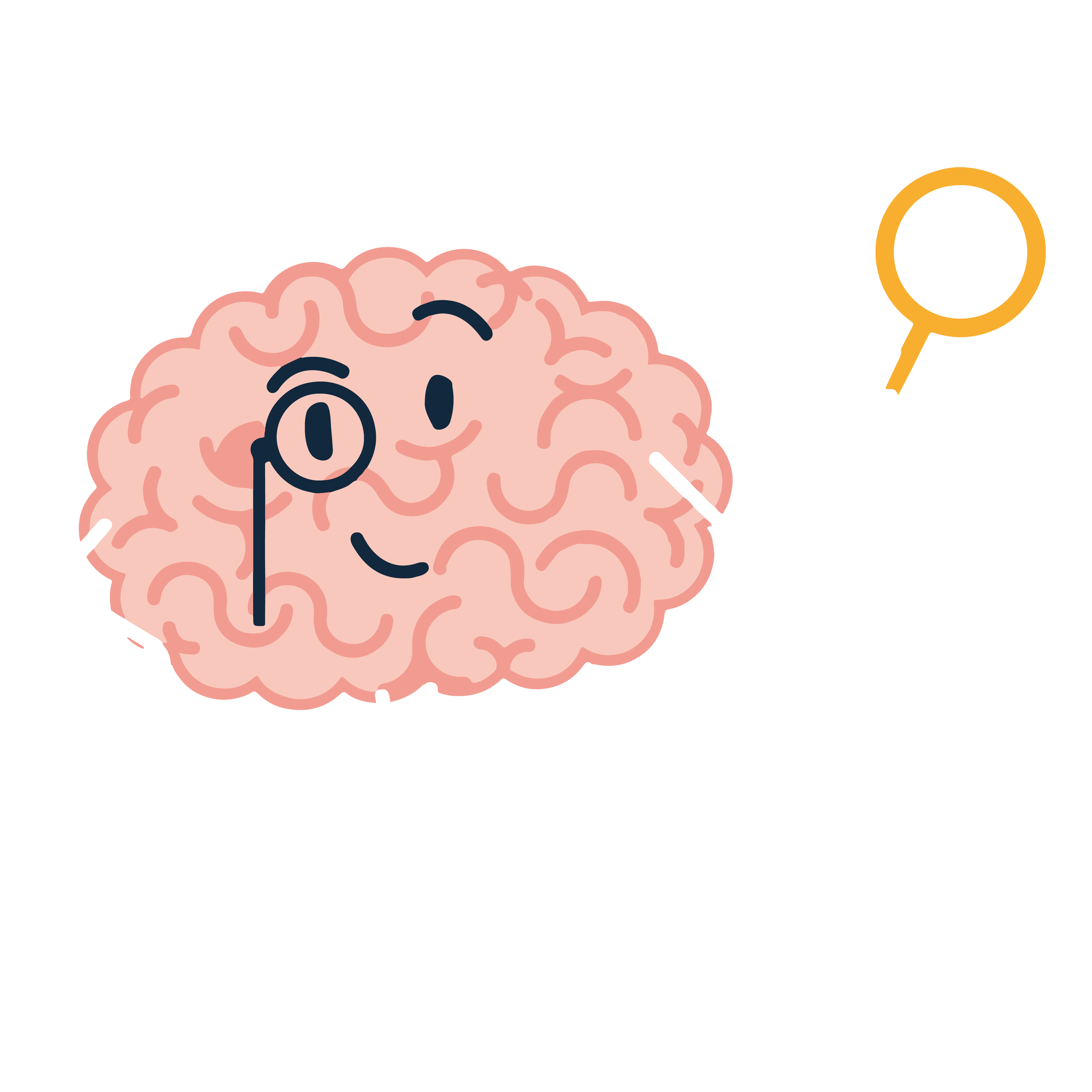 Flippin' Pain mascot Brian the Brain holding up a magnifying glass.