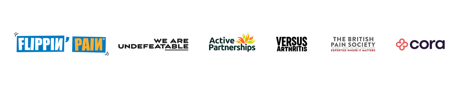 Logos for Flippin' Pain, We Are Undefeatable, Active Partnerships, Versus Arthritis, The British Pain Society and Cora.