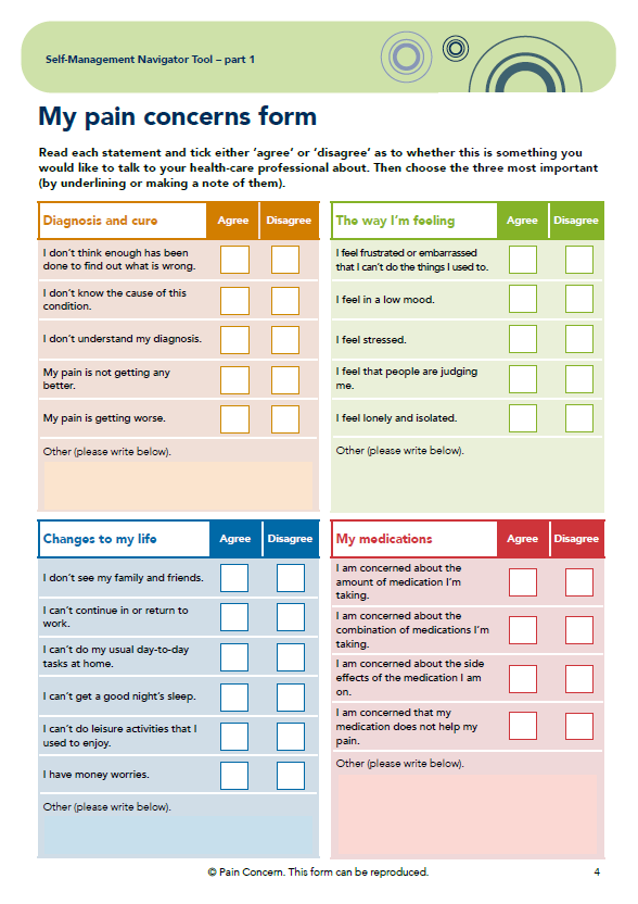 A screenshot of the pain concerns form, which has fields about diagnosis and cure, changes to my life, medications and feelings.
