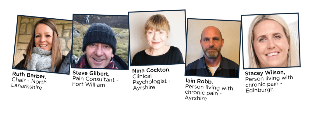 Photographs of panellists: Ruth Barber (Chair), Steve Gilbert (Pain Consultant), Nina Cockton (Clinical Psychologist), Iain Robb (Person with pain) and Stacey Wilson (Person with pain).