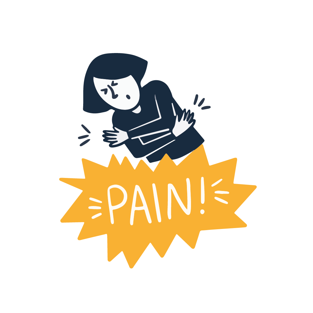 A woman holding her elbow, looking in pain. Underneath her is a star that says, 'Pain!'.