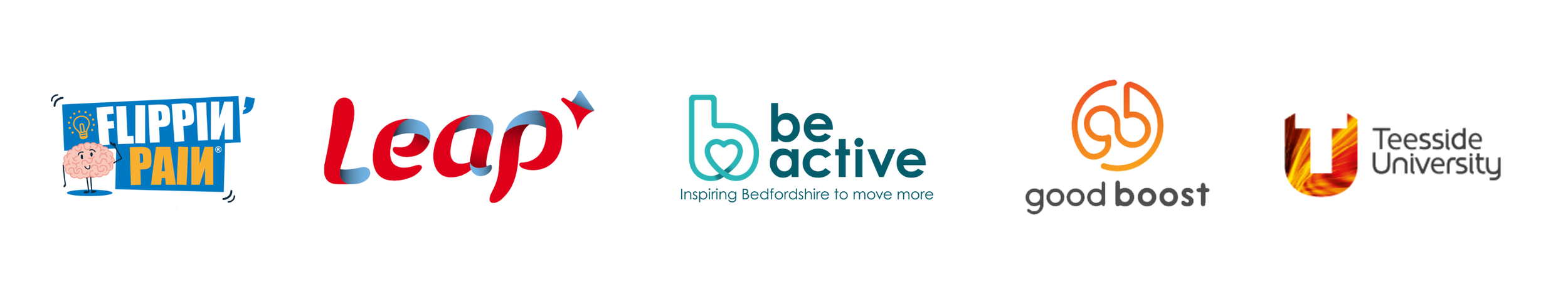 Logos for Flippin' Pain, Leap, Be Active Beds, Good Boost and Teesside University.