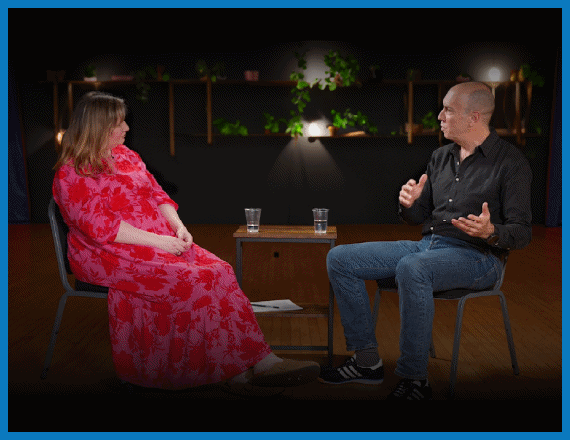 Screenshots from the Why We Hurt platform: people talking around a table to each other, and talking to camera.