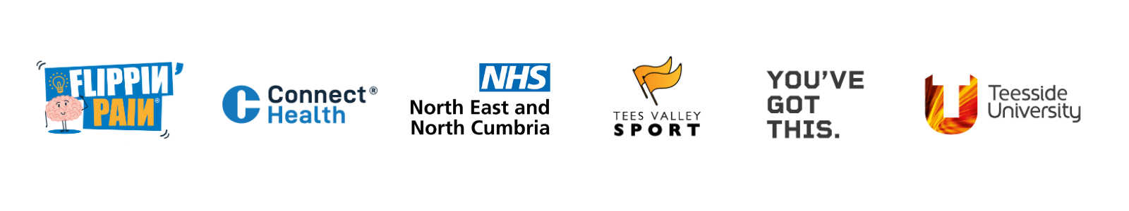 Logos for Flippin' Pain, Connect Health, NHS North East and North Cumbria, Tees Valley Sport, You've Got This, and Teesside University.