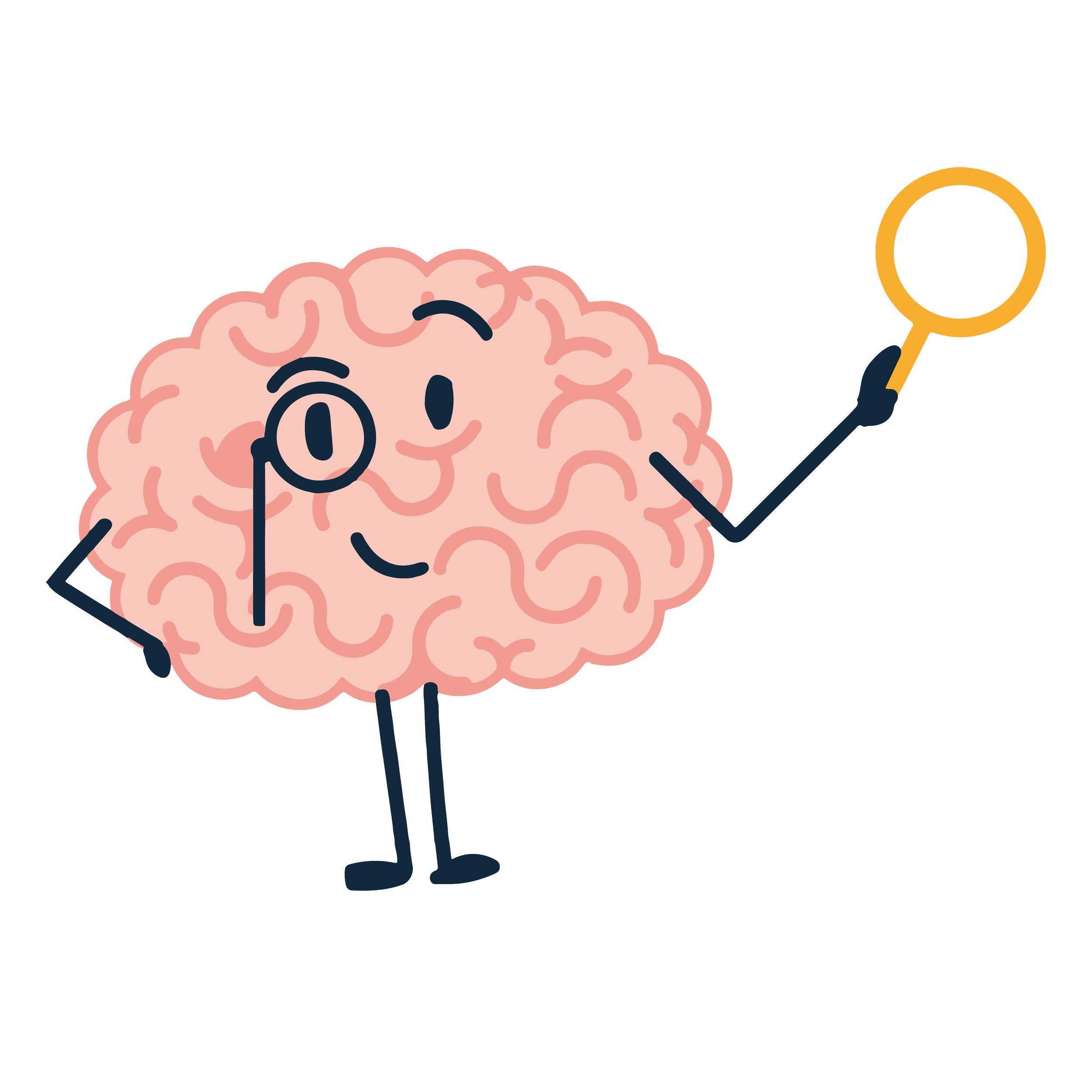 Flippin' Pain mascot Brian the Brain holding up a magnifying glass.
