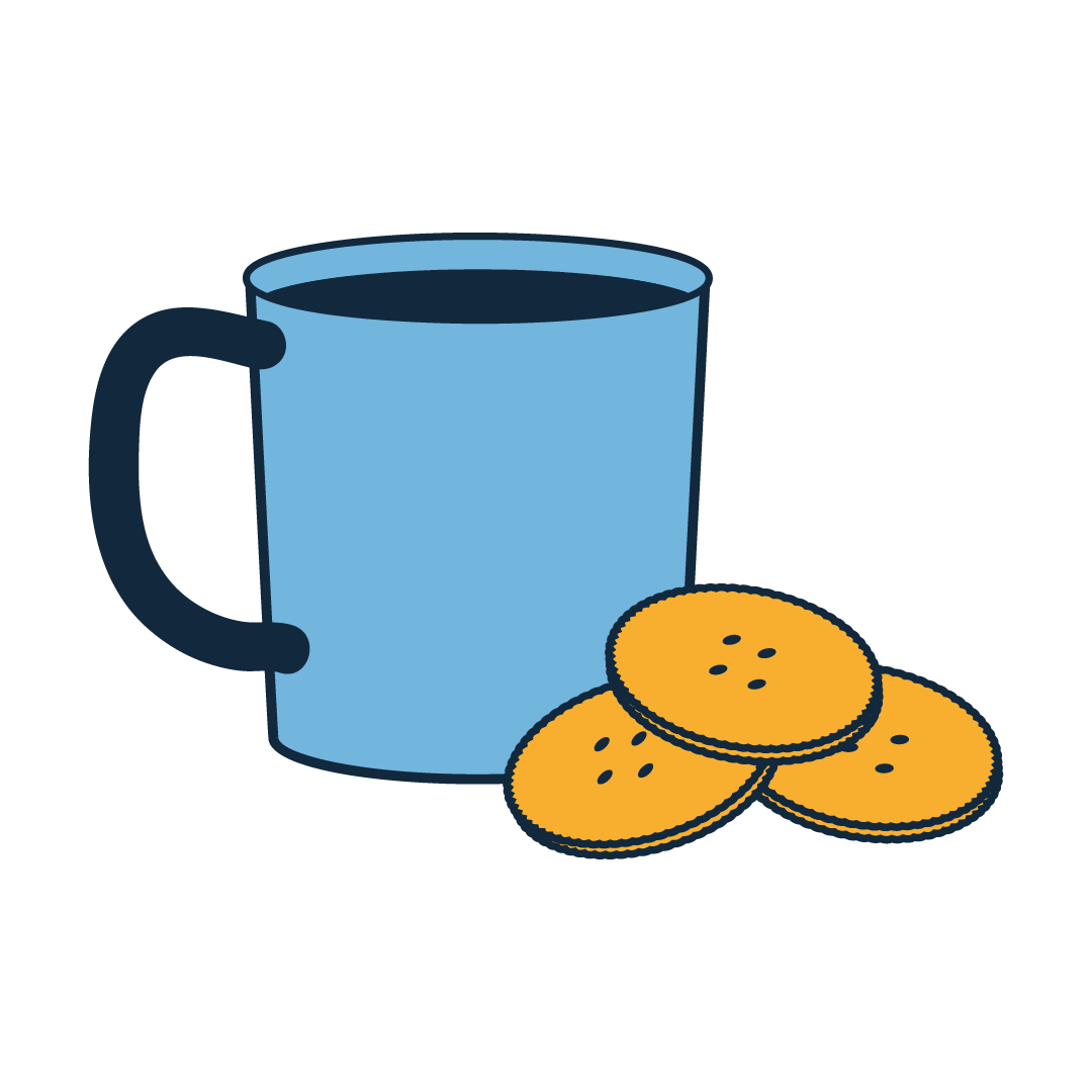 A mug next to a pile of biscuits.