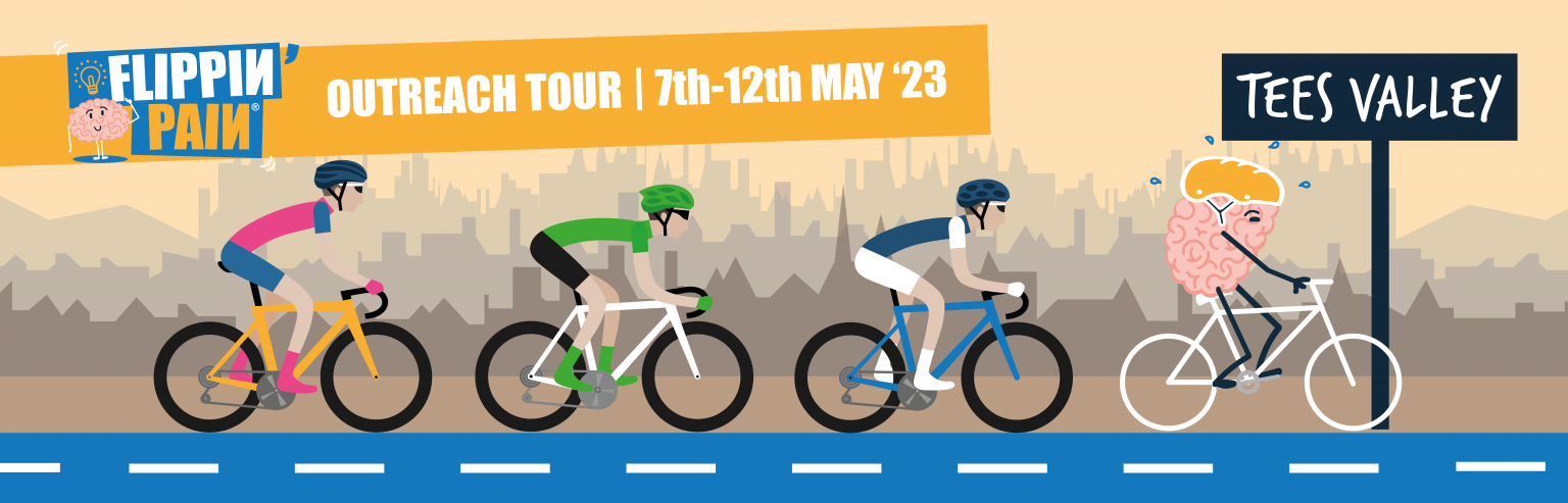 An illustration of Flippin' Pain mascot Brian the Brain leading a peloton of cyclists. He's cycling past a sign that says 'Tees Valley'.