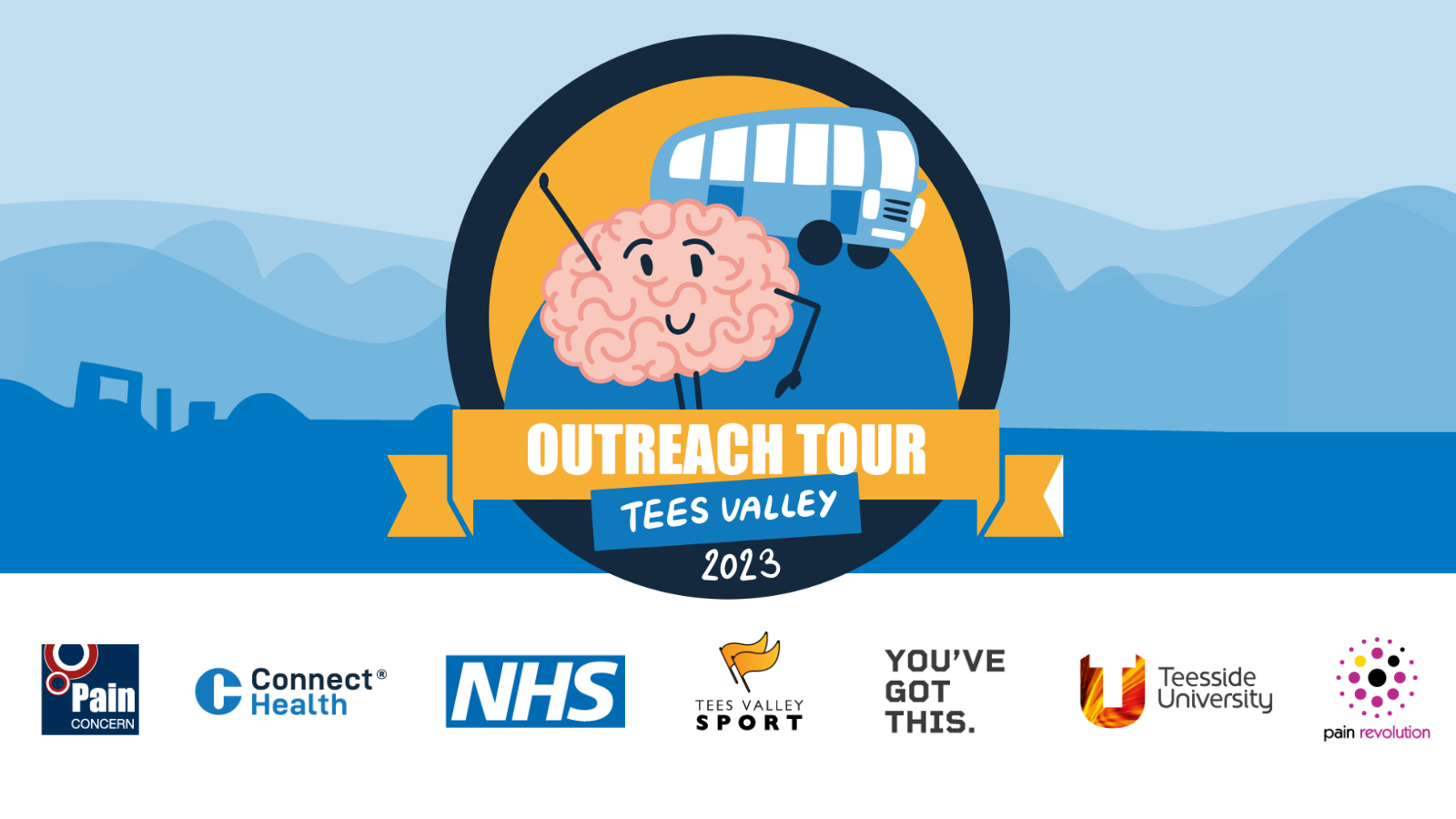 Flippin' Pain mascot Brian the Brain with a bus and a banner that says 'Outreach Tour, Tees Valley 2023'. Underneath are the logos for Pain Concern, Connect Health, NHS, Tees Valley Sport, You've Got This, Teesside University and Pain Revolution.