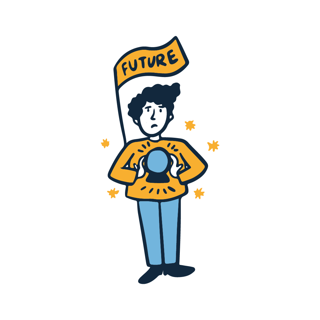 A man looking sad holding a crystal ball. Above his head is a flag that says 'future'.