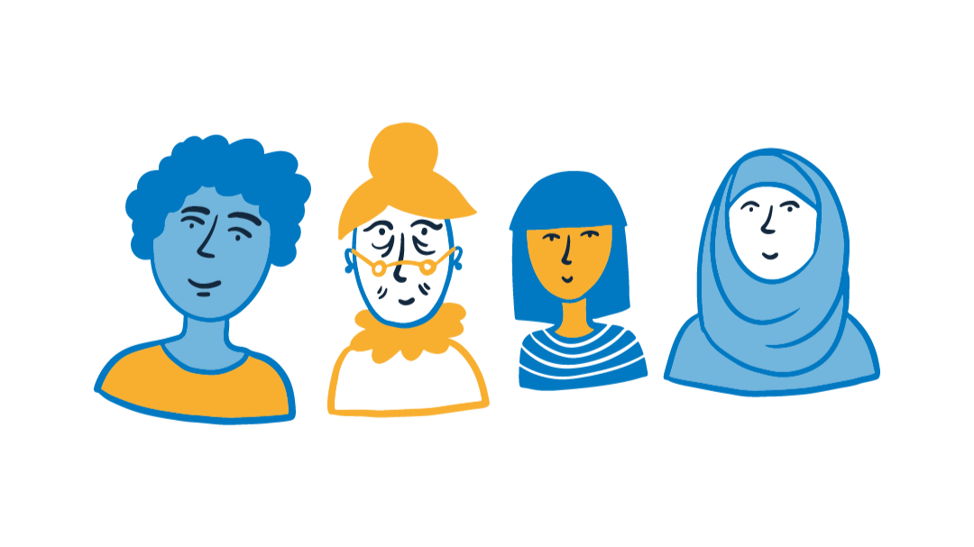 Illustration of four diverse women with different hairstyles and clothing styles, depicted in blue and yellow tones.