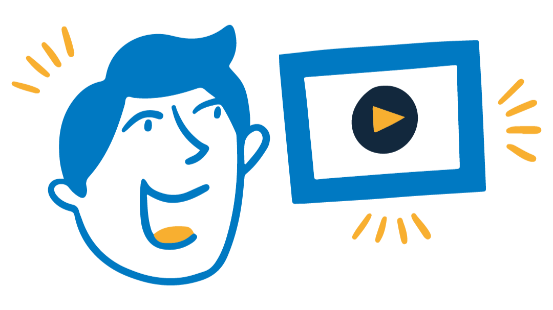 A cartoon illustration of a smiling person with short blue hair, looking at a video player icon on a screen or device, with yellow accent marks indicating excitement or emphasis.