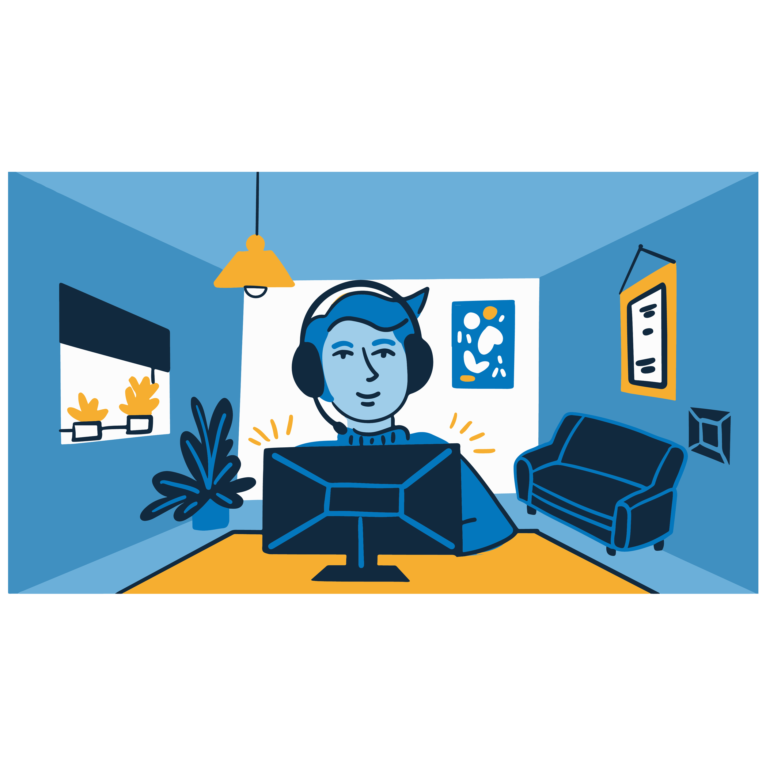 A man with a headset on, sat at a computer screen.