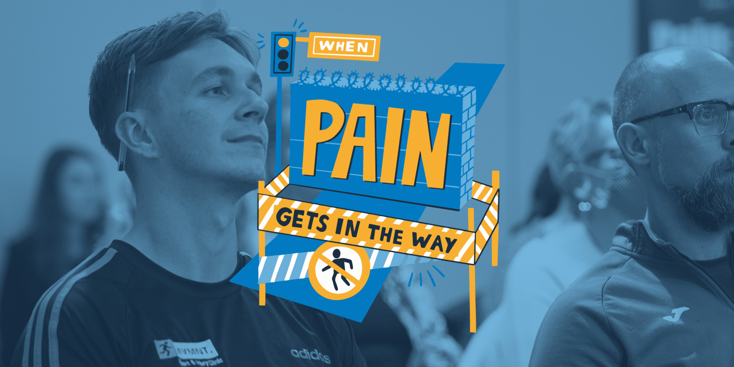 A fitness professional with a pen behind his ear, smiling and listening at an event. Next to the image is the logo for 'When Pain Gets in the Way'.