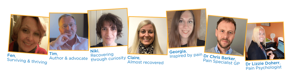 Photos of people on the panel: Fen, Tim, Niki, Claire and Georgia (all people living with pain), Dr Chris Barker, and Dr Lizzie Doherr.