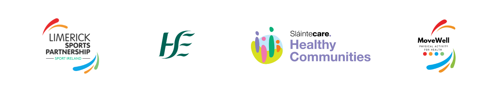 Logos for Limerick Sports Partnership, HSE, Slantecare Healthy Communities and MoveWell.
