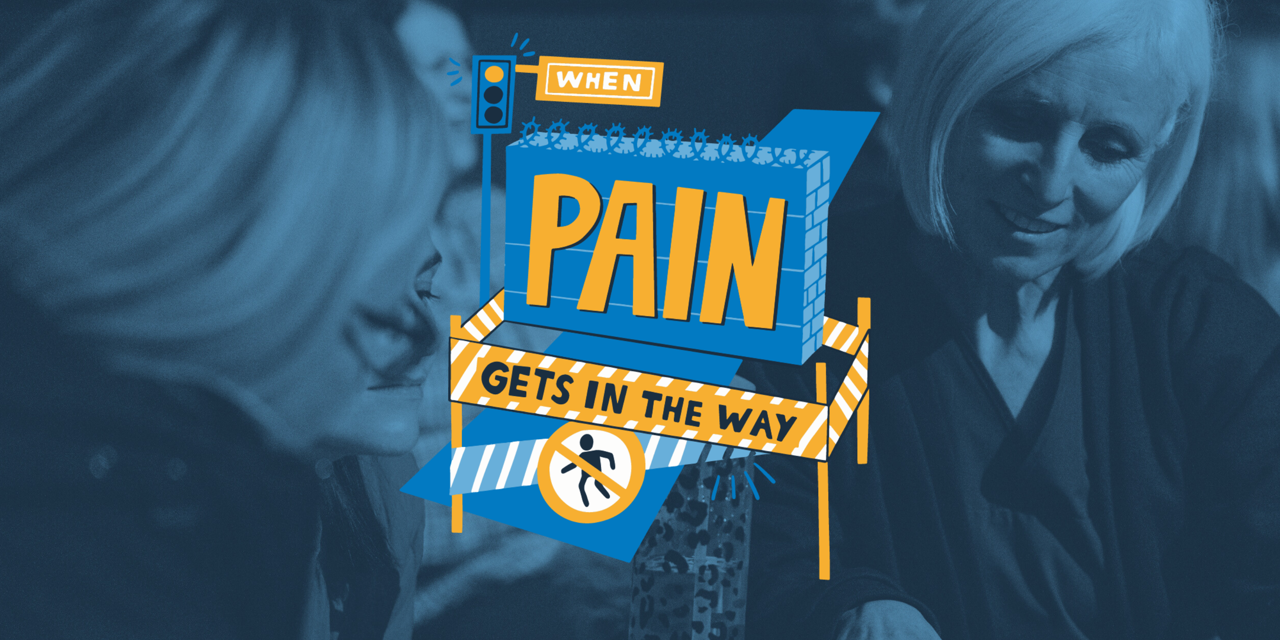 Three health professionals looking at a worksheet and smiling, at an event. Next to the image is the logo for 'When Pain Gets in the Way'.
