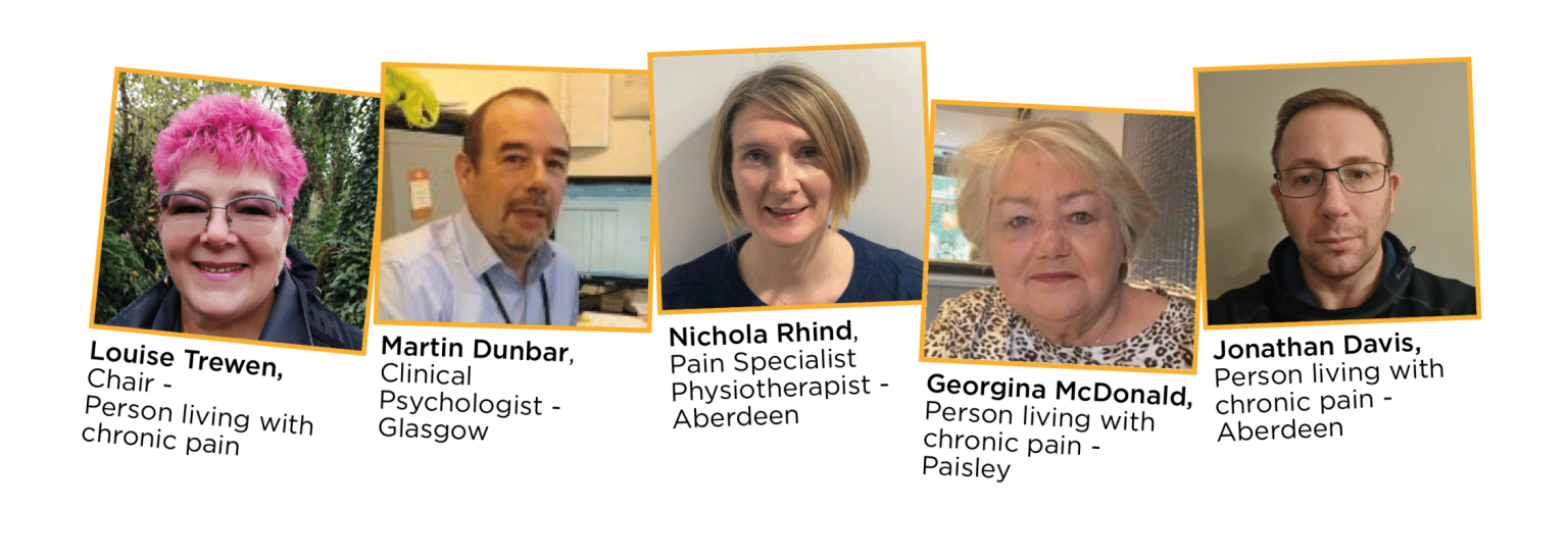 Photographs of people on the panel: Louise Trewern (Chair), Martin Dunbar (Clinical Psychologist), Nichola Rhind (Pain Specialist Physiotherapist), Georgina McDonald and Jonathan Davis (people living with pain).