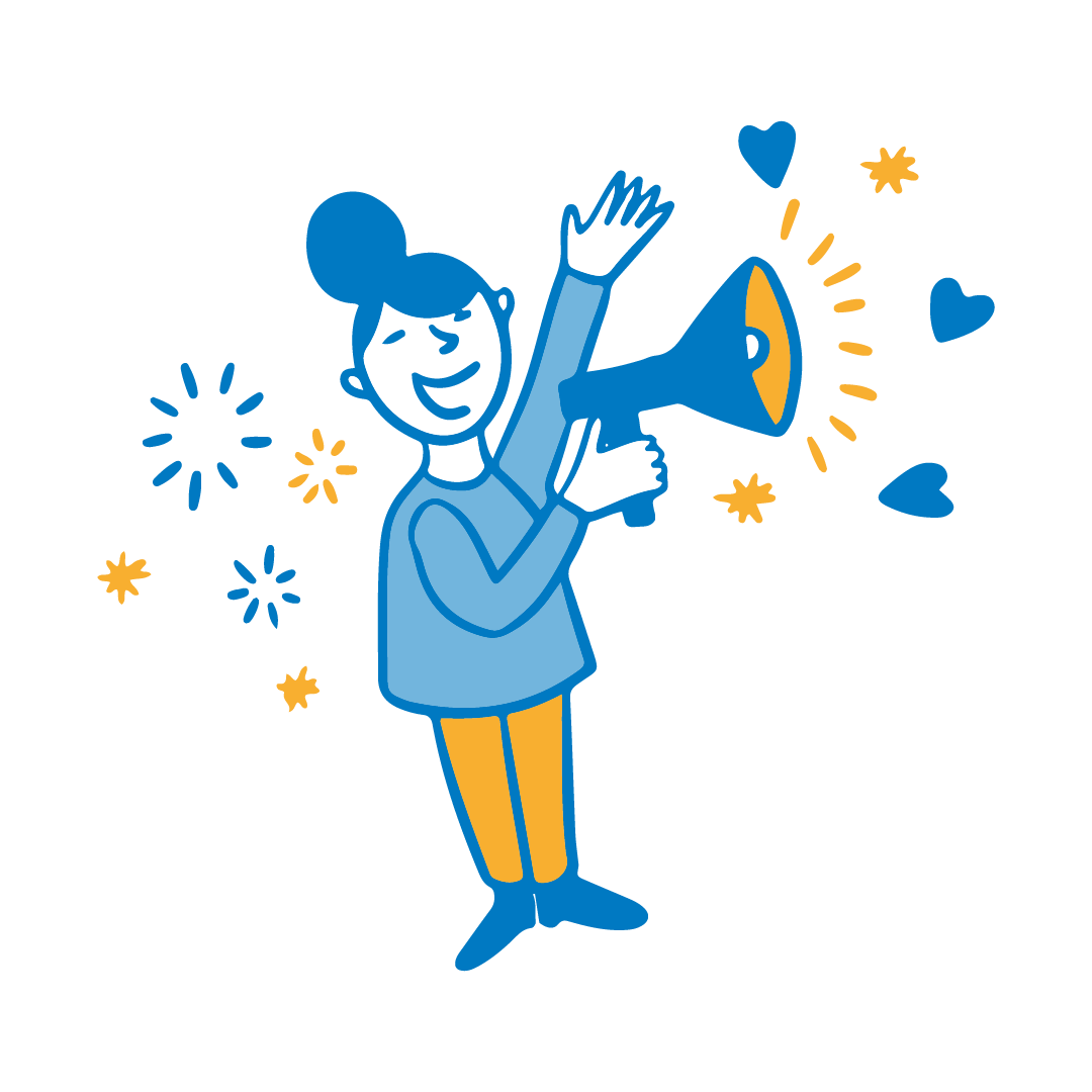 A woman shouting happily through a megaphone.