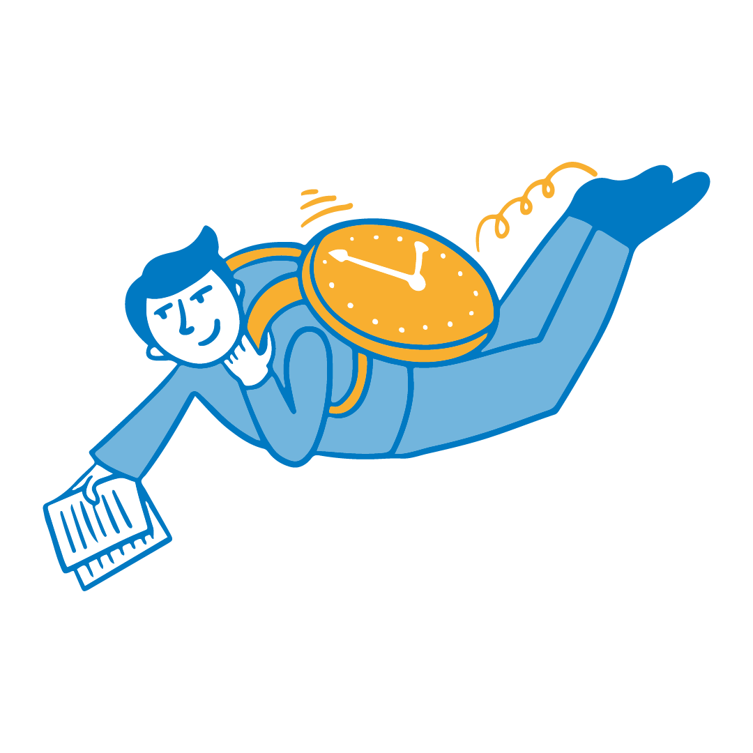 Illustration of a person lying on their stomach, with a clock on their back, holding papers and smiling.