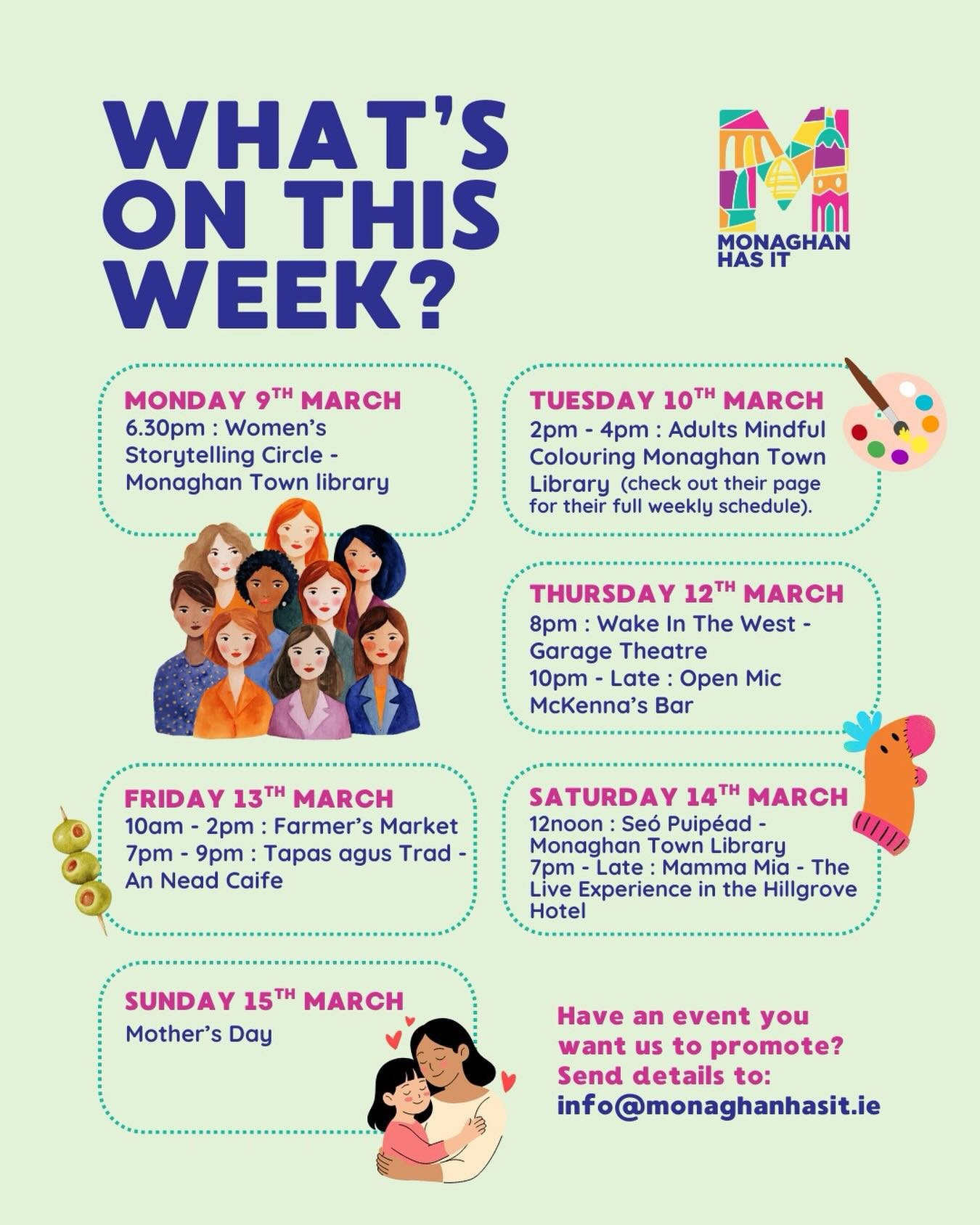 📢 What's On This Week? 📢

Check out what is happening in our local area this week.

For more info on other events check out:
@monaghantownlibrary 
@monaghancountycouncil 
@monaghantourism 

Weekly Regulars:
Thursday Open Mic @mckennasbarmonaghan 10