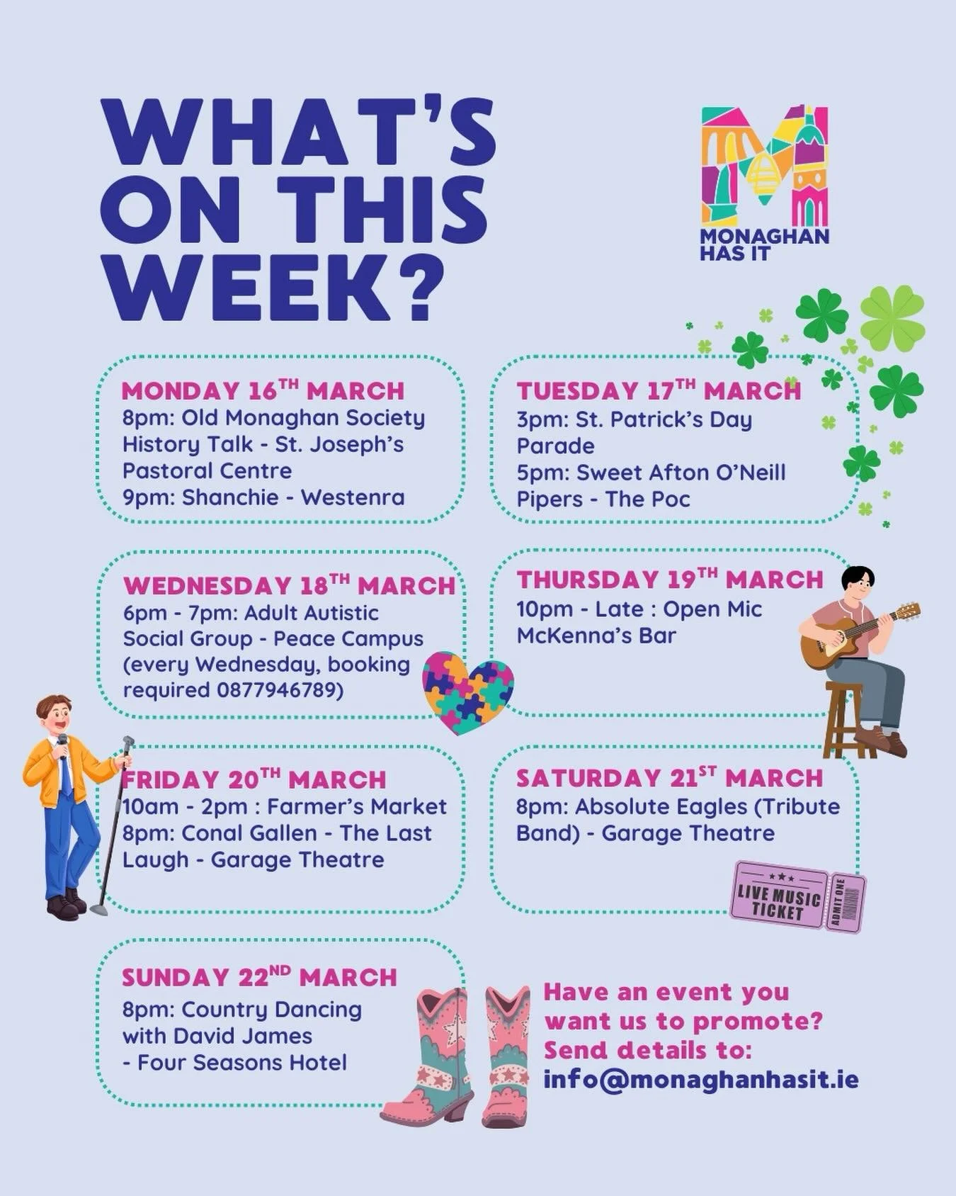 📢 What's On This Week? 📢

Check out what is happening in our local area this week.

For more info on other events check out:
@monaghantownlibrary 
@monaghancountycouncil 
@monaghantourism 
https://whatsontonight.ie/events/Monaghan/ 

Weekly Regular