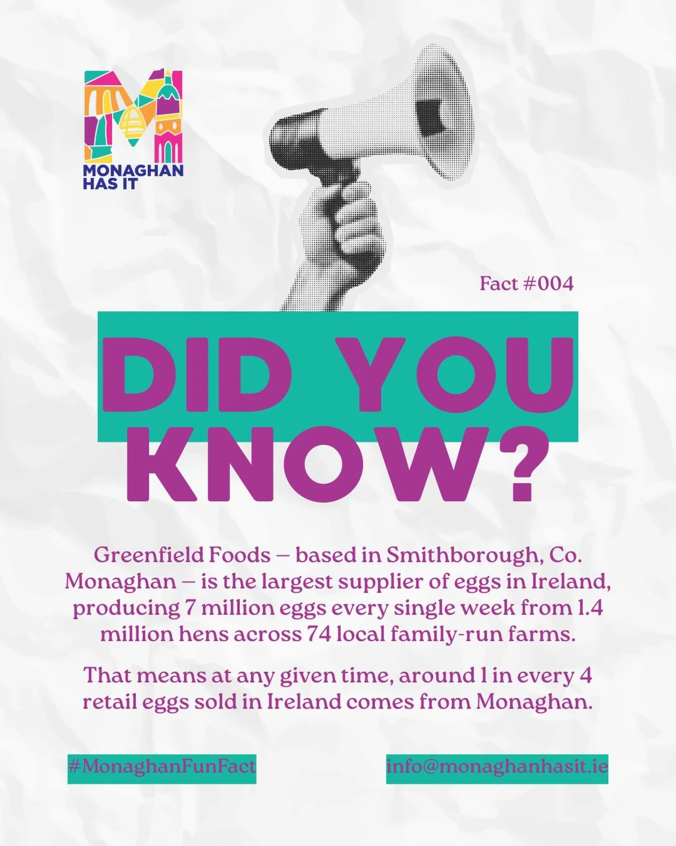 ❓Did You Know❓

Our weekly Monaghan fun fact.

Greenfield Foods &mdash; based in Smithborough, Co. Monaghan &mdash; is the largest supplier of eggs in Ireland, producing 7 million eggs every single week from 1.4 million hens across 74 local family-ru
