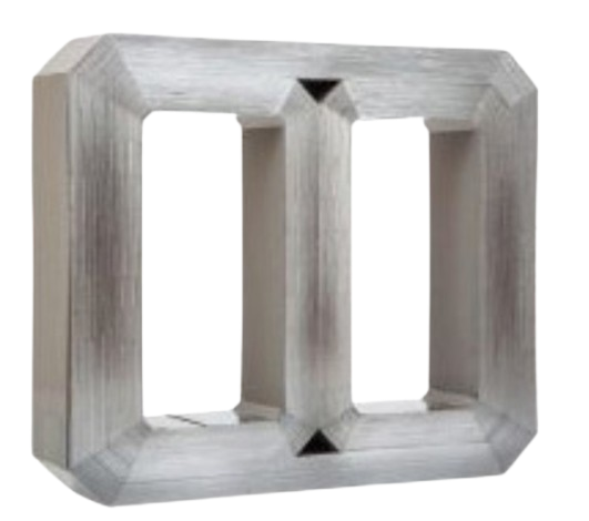 A silver, metallic double pie crust cookie cutter with a rectangular shape and hollow center.