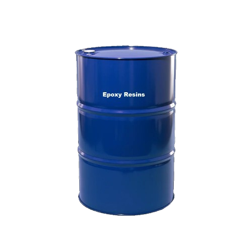 Blue metal barrel labeled 'Epoxy Resins' against a white background.
