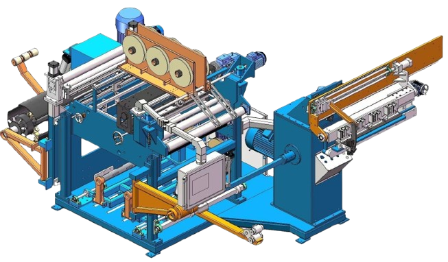 An industrial machine with multiple rollers, gears, and conveyor components, used in manufacturing or processing.