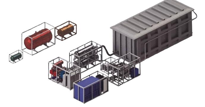 Diagram of a scientific or industrial facility with interconnected equipment, tanks, and a large gray structure on the right side.