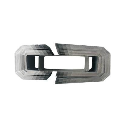 A modern, abstract sculpture made of layered rectangular metallic shapes creating an arc or bridge with a hollow center, set against a black background.