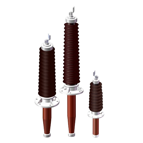Three high-voltage electrical insulators with brown insulators and white bases and caps, arranged from left to right against a black background.