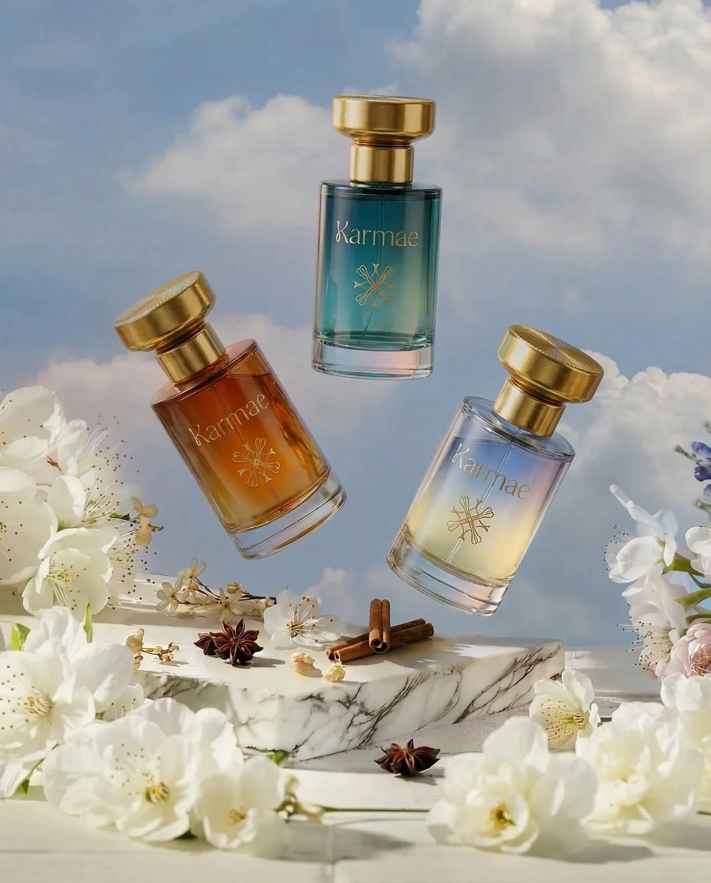 KARMAE &mdash; A scent beyond the stars. ☁️✨
For this challenge, I wanted to make the boundary between science and spirituality tangible. Karmae is more than just a perfume; it is a tribute to the elements of our universe.

The design focuses on the 