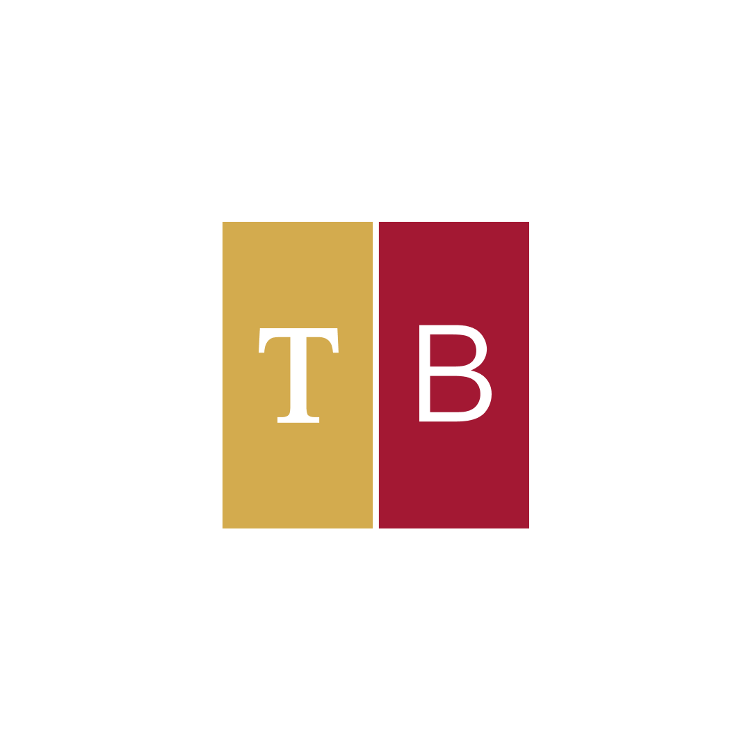 Square half red and half gold with T and B inside