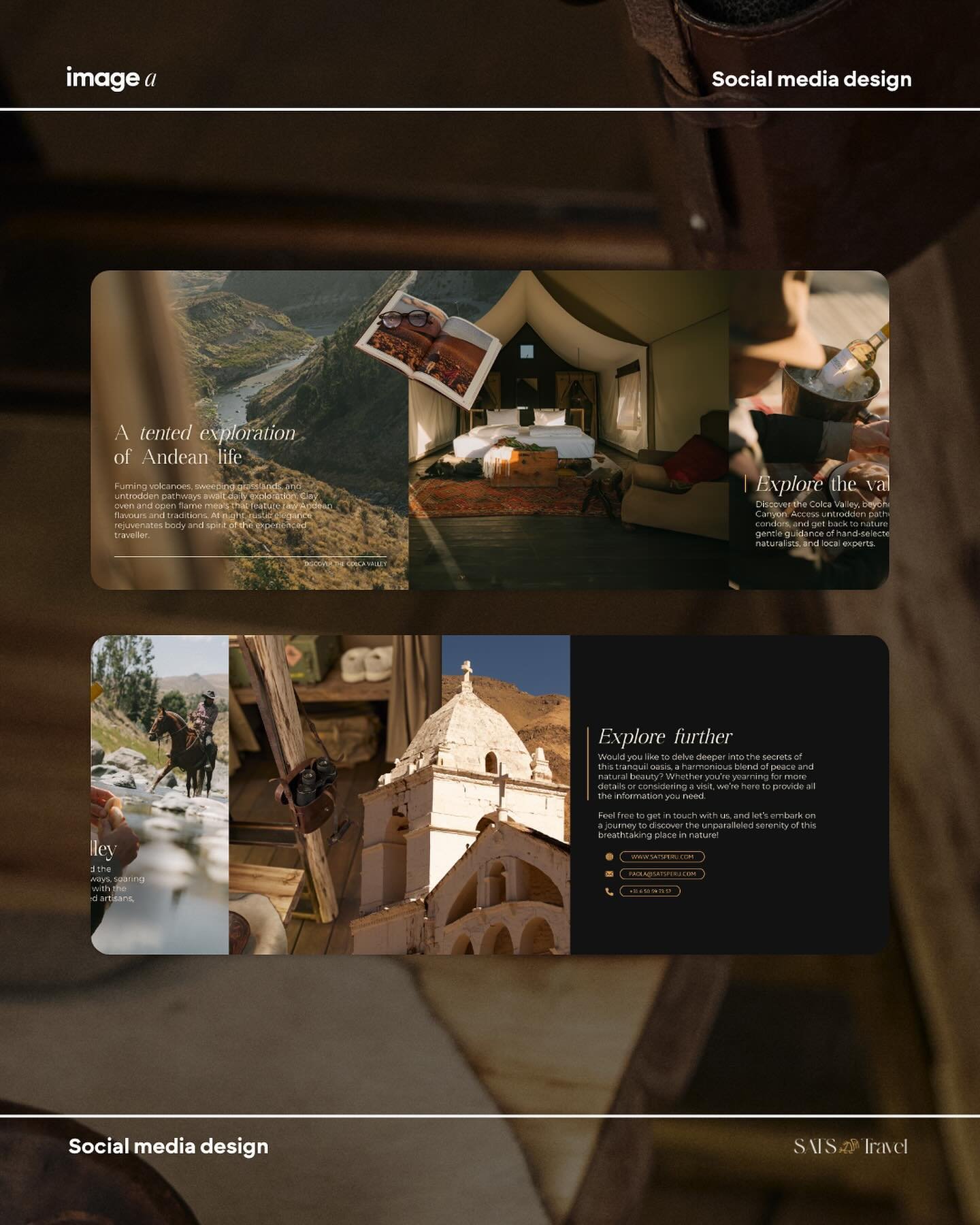 Als ontwerper streef ik ernaar om jouw bedrijf een unieke en opvallende uitstraling te geven, zo ook bij het ontwerpen van carousels op Instagram 👀

Dit is een voorbeeld van mijn werk voor een reisbureau dat luxe reizen naar Latijns-Amerika aanbiedt