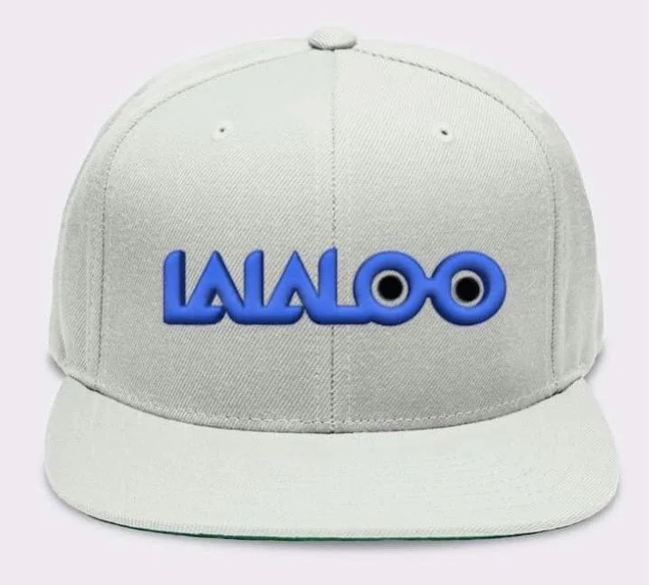 A white baseball cap with the word "WALOO" embroidered in blue and black in a playful font on the front.