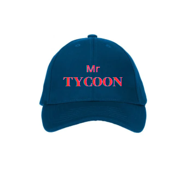 Blue baseball cap with pink embroidered text that says "Mr TYCOON."