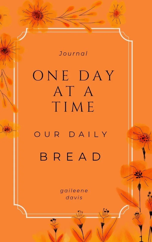 Book cover titled "One Day at a Time: Our Daily Bread" by Gaileene Davis, with orange background decorated with black and orange floral illustrations.