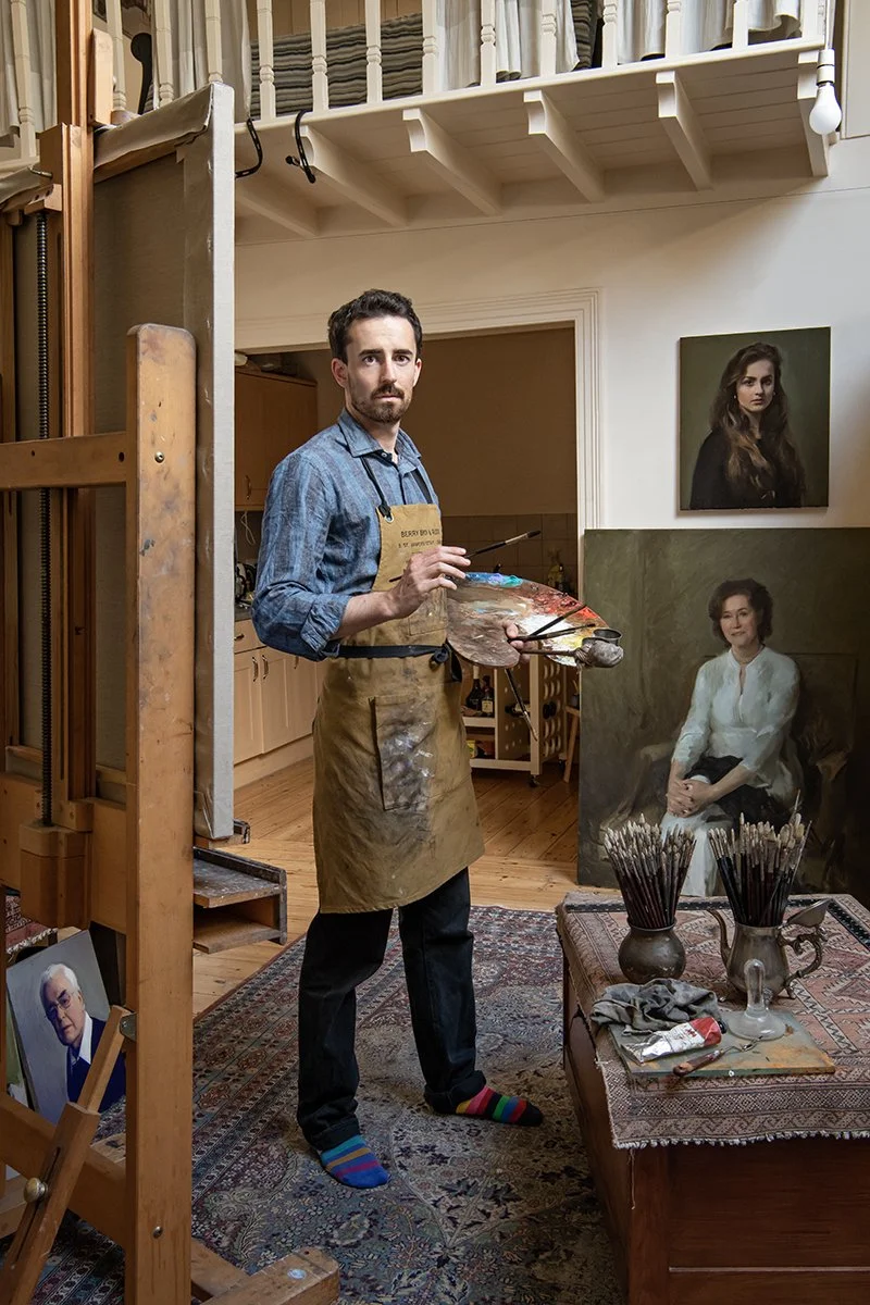 Jamie Coreth in his Battersea studio. Photographed in the natural day light of the studio.