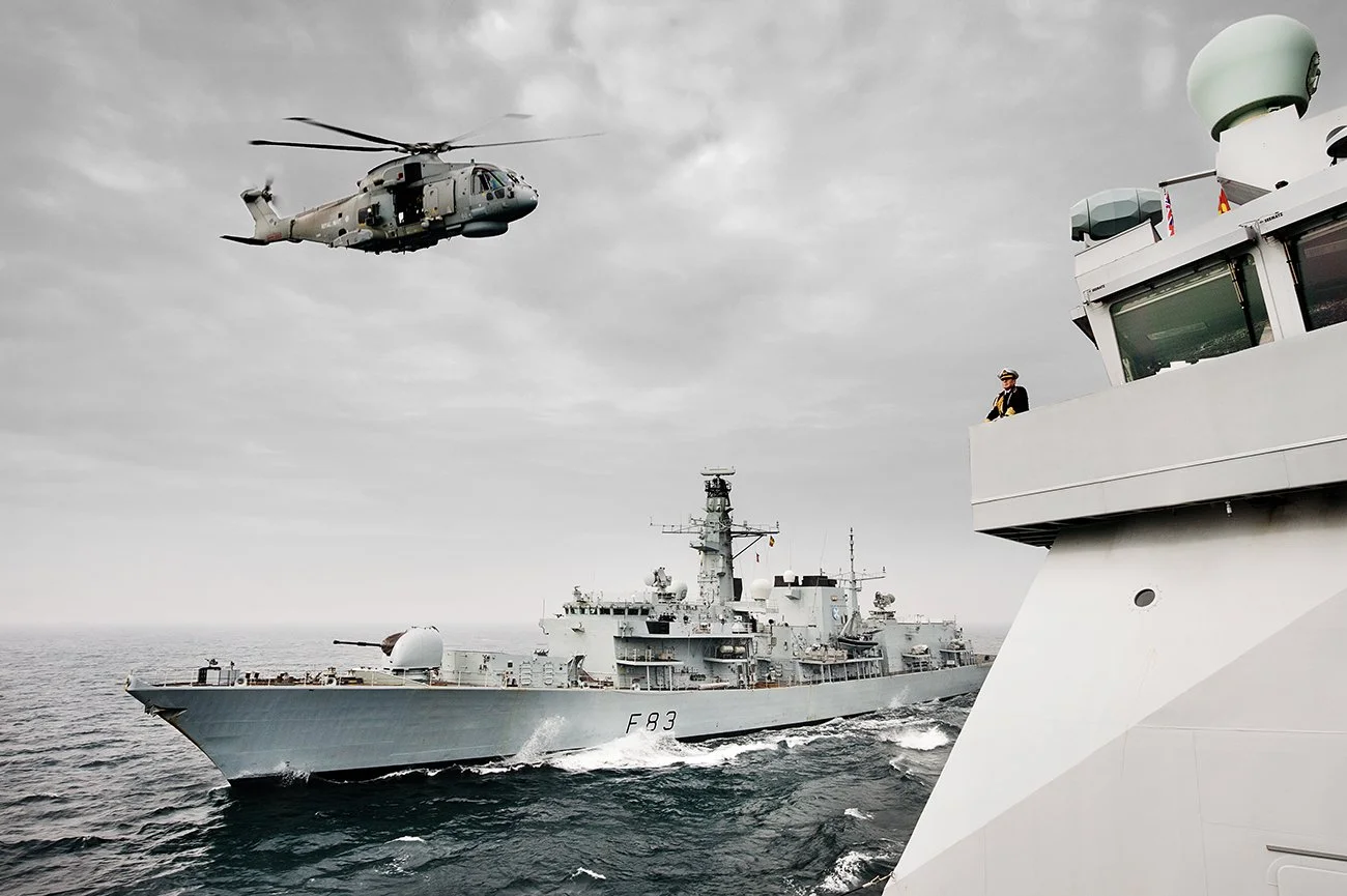 The First Sea Lord on the bridge of HMS Dauntless with HMS St Albans in the background.