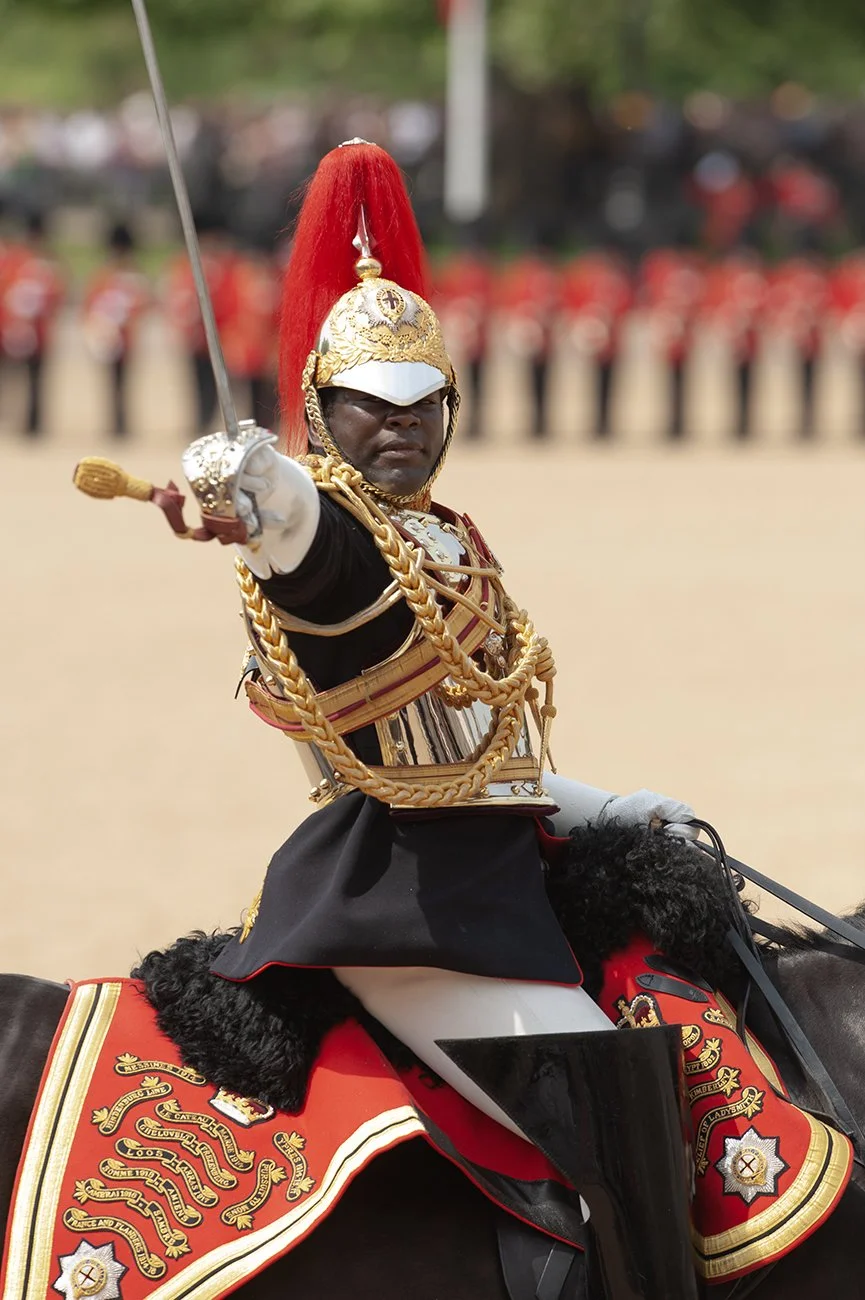 During the rank past at the walk, the Life Guards officer gives a full 'round arm' salute to her Majesty as he leads his squadron past her
