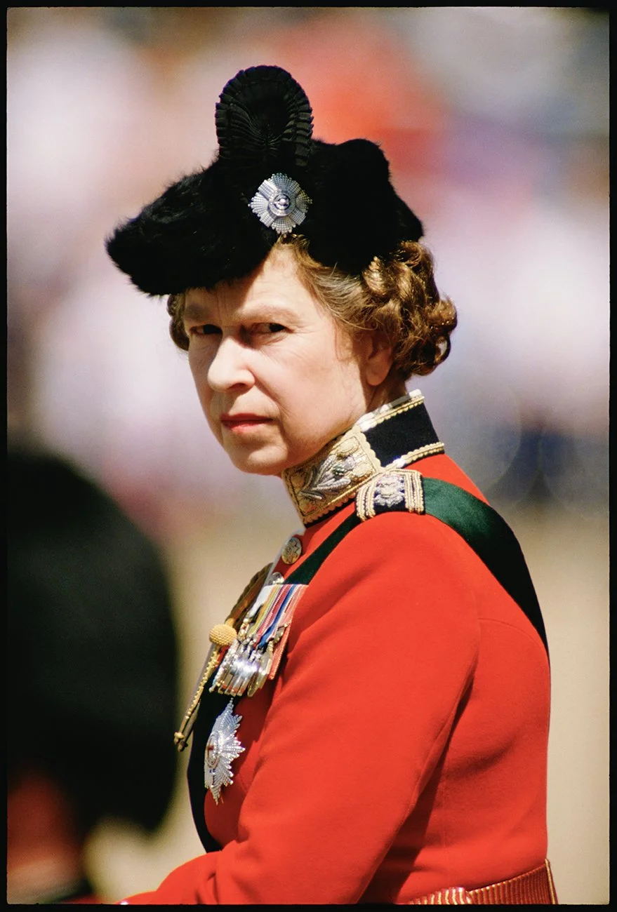 1986: the last Parade H.M the Queen rode Burmese.  The 1st Battalion Scots Guards trooped their Colour. The Queen wears the Thistle sash